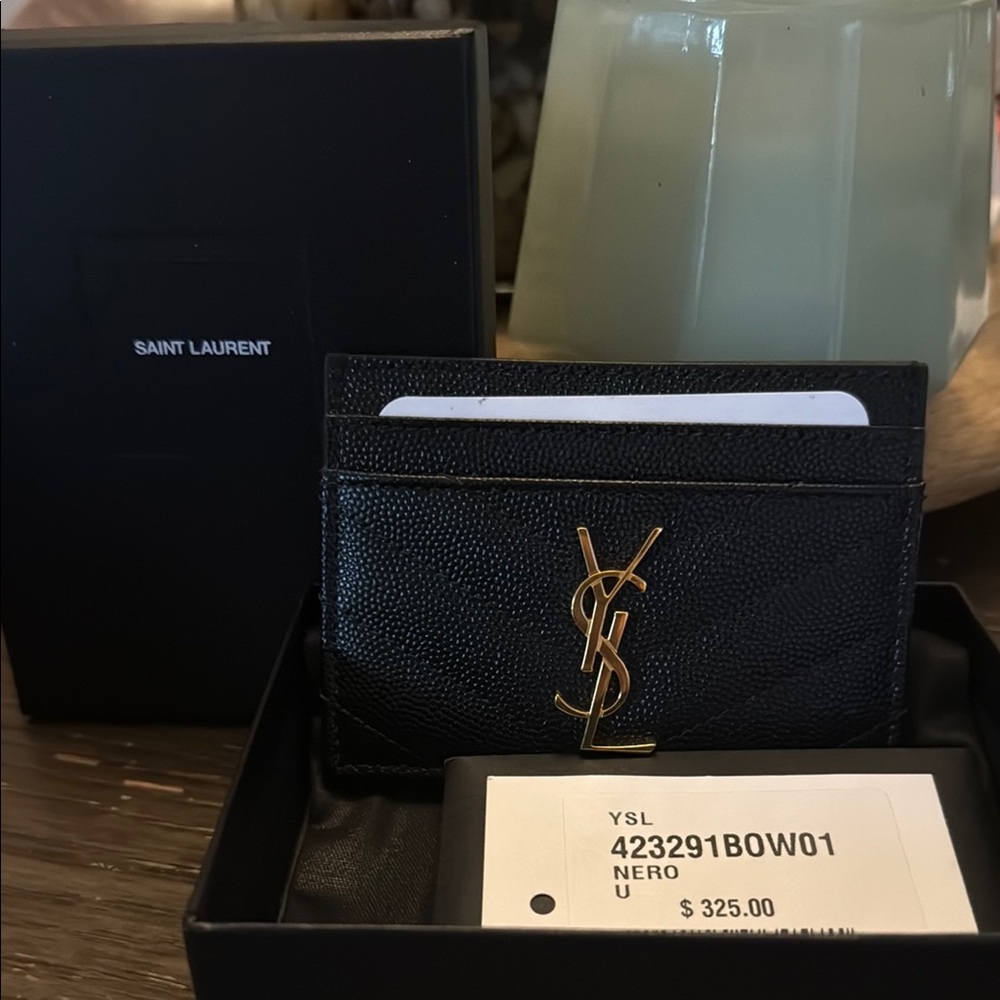 Saint Laurent Black Leather Key Card Holder with Gold Monogram